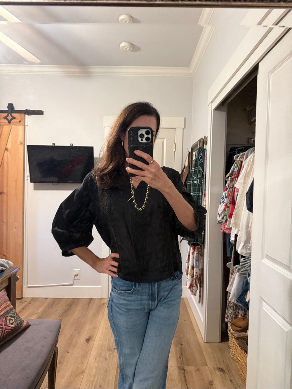 Like new! Frame Denim Black Puff-Sleeve Blouse with lace insets